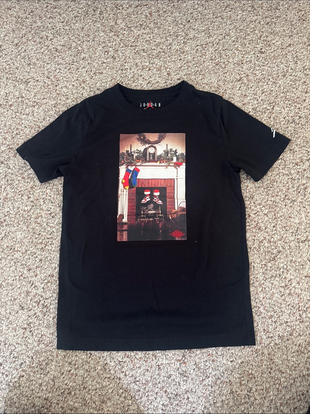 Jordan Black Short-Sleeve Tee with Festive Fireplace Graphic